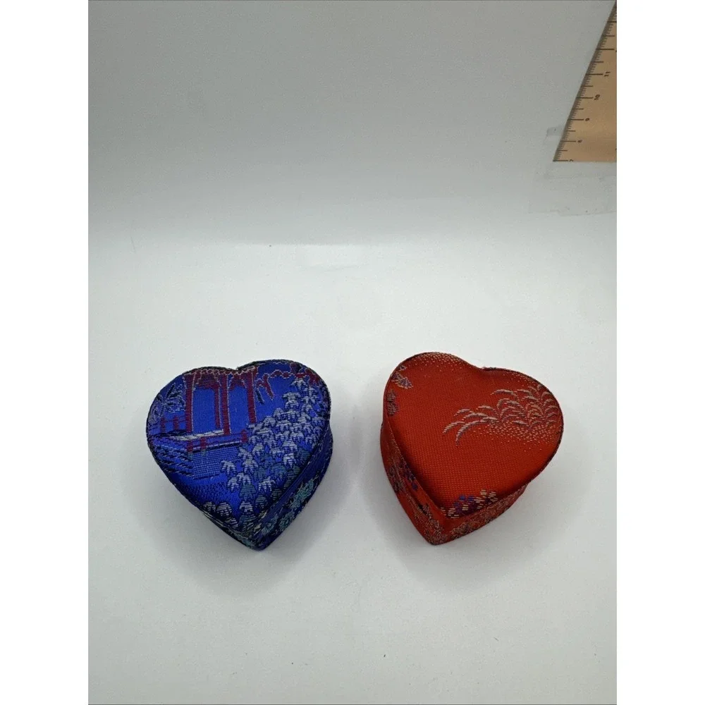 Set Of 2 Asian Ring Jewelry Box Compact Fabric Floral Portable - Heart Shaped